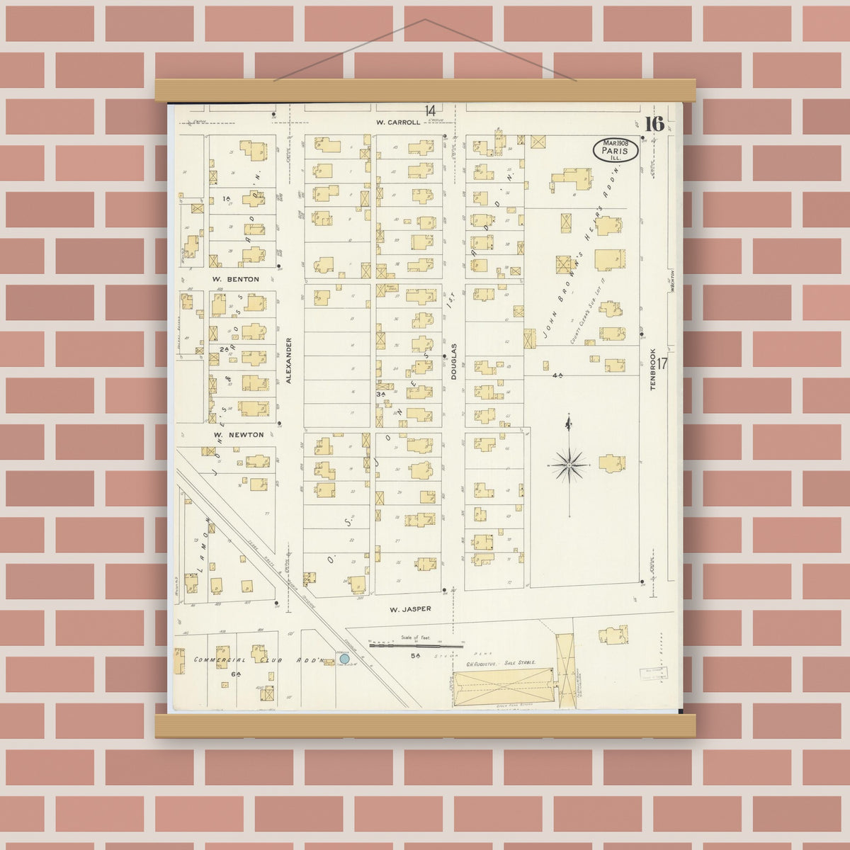 Old map wall art mockup — magnetic wood frame on brick wall — Sanborn Fire Insurance Map from Paris, Edgar County, Illinois (1908), Sheet #0016