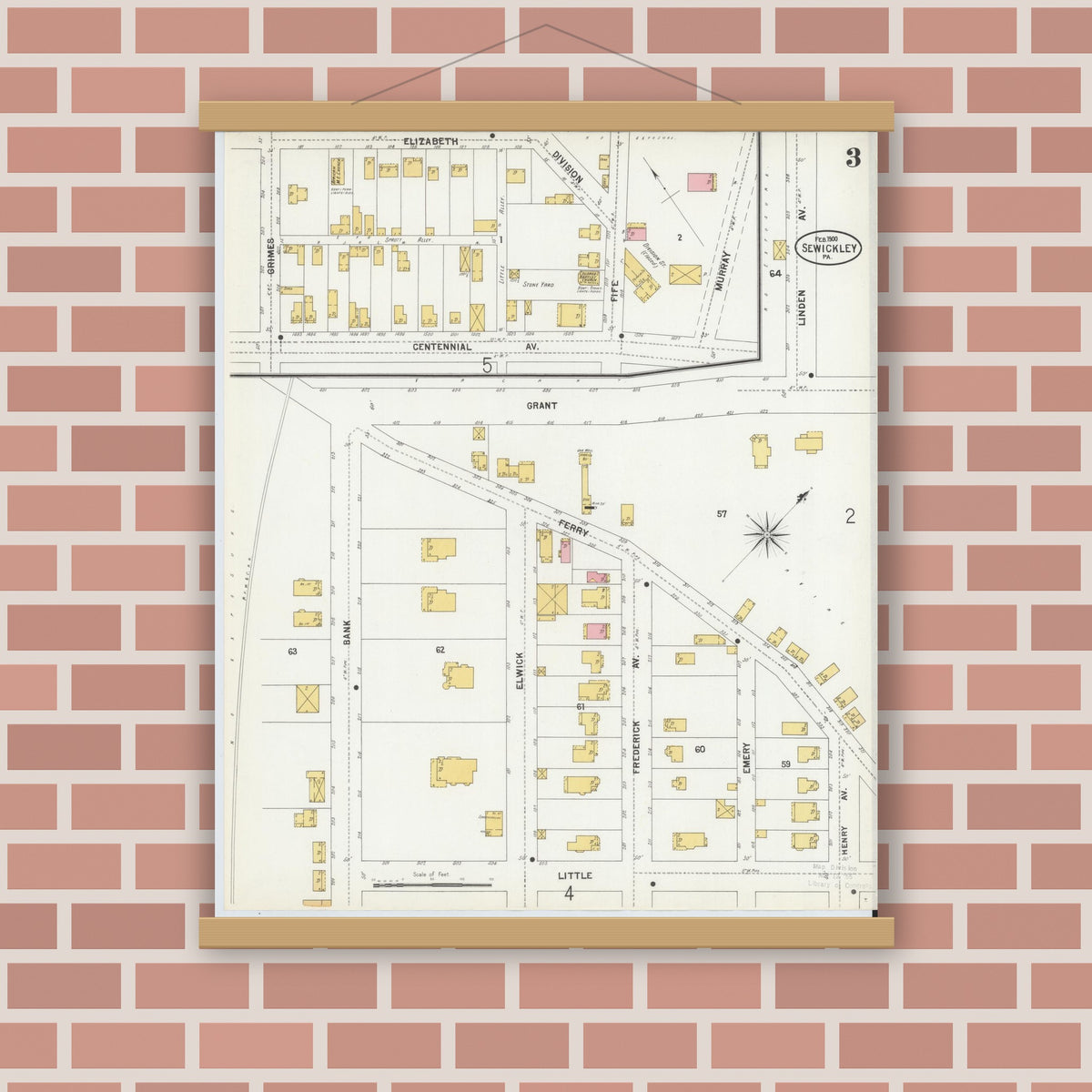 Old map wall art mockup — magnetic wood frame on brick wall — Sanborn Fire Insurance Map from Sewickley, Allegheny County, Pennsylvania (1900), Sheet #0003