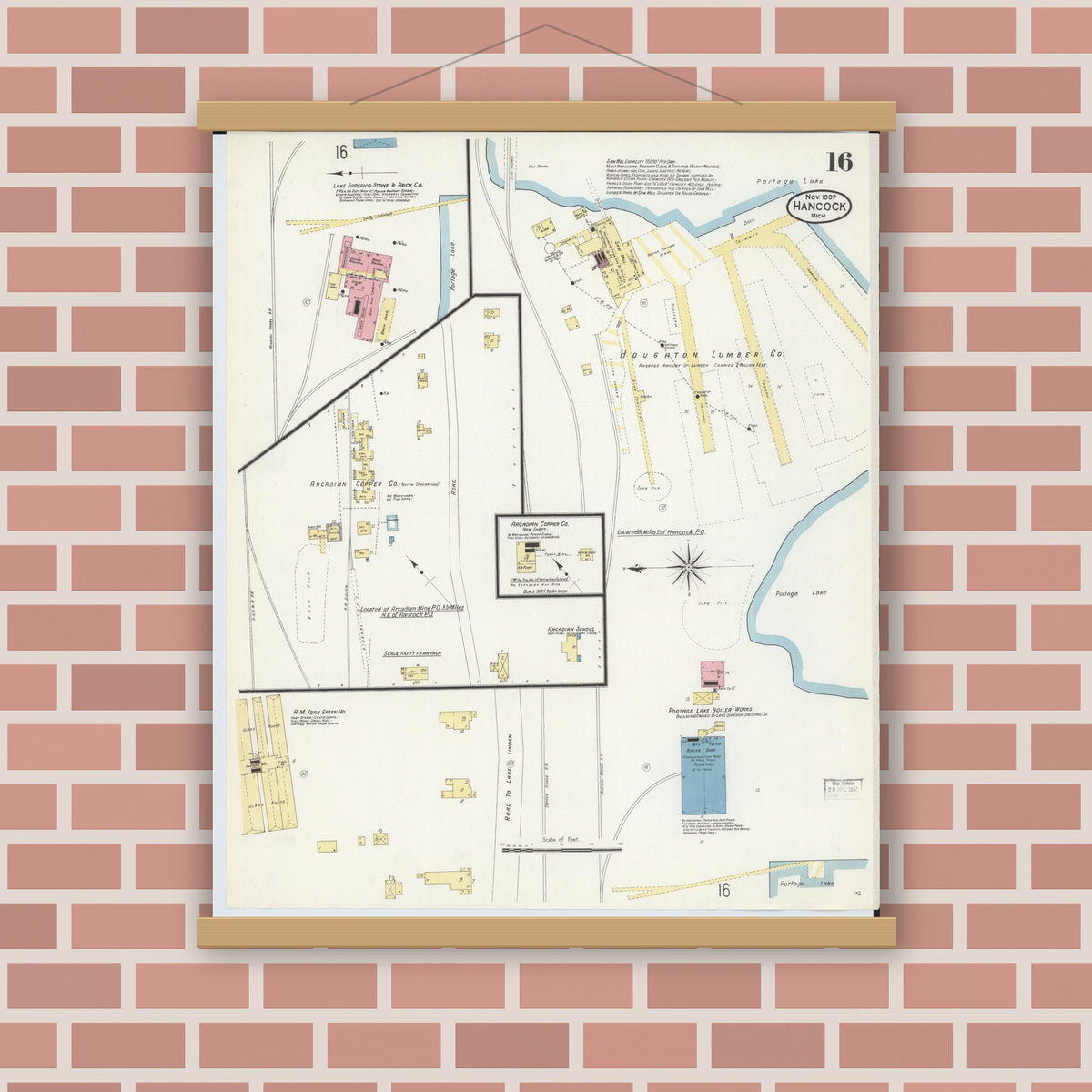 Old map wall art mockup — magnetic wood frame on brick wall — Sanborn Fire Insurance Map from Hancock, Houghton County, Michigan (1907), Sheet #0016