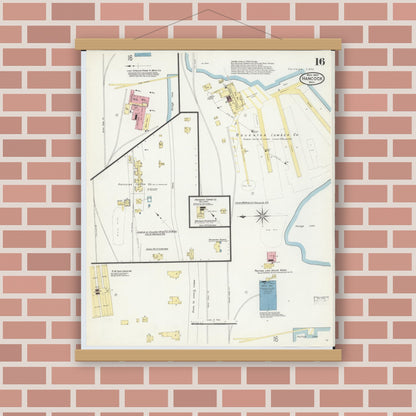 Old map wall art mockup — magnetic wood frame on brick wall — Sanborn Fire Insurance Map from Hancock, Houghton County, Michigan (1907), Sheet #0016