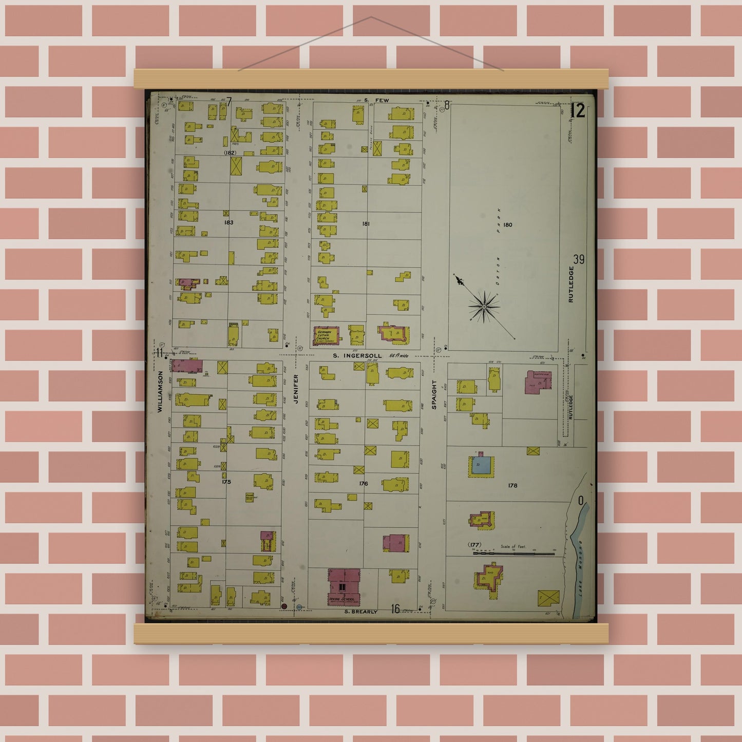 Old map wall art mockup — magnetic wood frame on brick wall — Sanborn Fire Insurance Map from Madison, Dane County, Wisconsin (1908), Sheet #0012