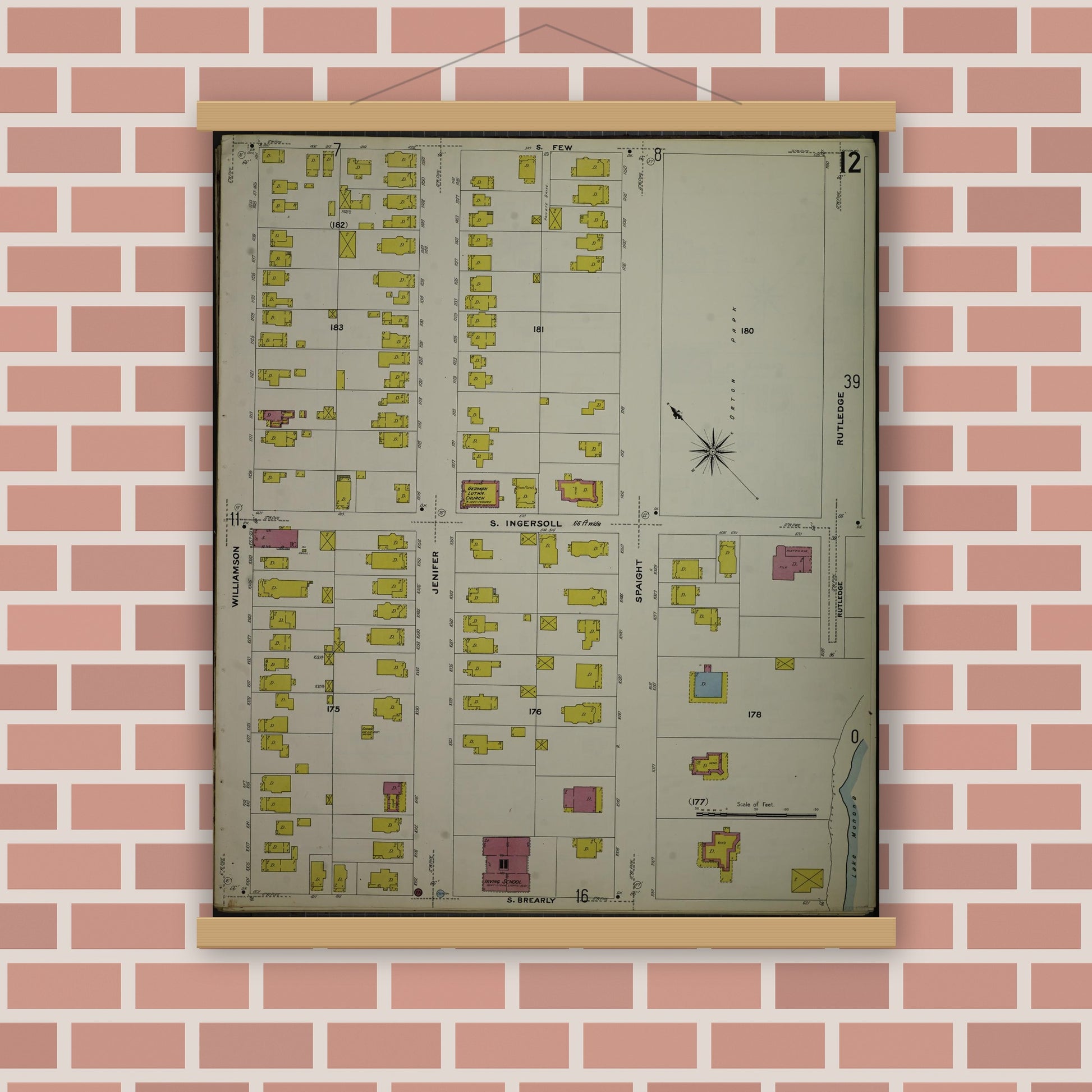 Old map wall art mockup — magnetic wood frame on brick wall — Sanborn Fire Insurance Map from Madison, Dane County, Wisconsin (1908), Sheet #0012
