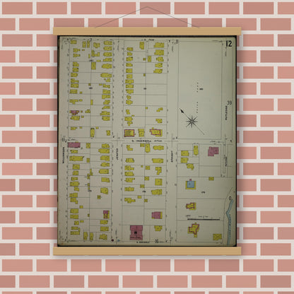 Old map wall art mockup — magnetic wood frame on brick wall — Sanborn Fire Insurance Map from Madison, Dane County, Wisconsin (1908), Sheet #0012