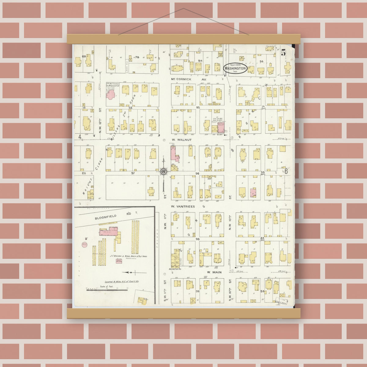 Old map wall art mockup — magnetic wood frame on brick wall — Sanborn Fire Insurance Map from Washington, Daviess County, Indiana (1909), Sheet #0005