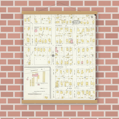 Old map wall art mockup — magnetic wood frame on brick wall — Sanborn Fire Insurance Map from Washington, Daviess County, Indiana (1909), Sheet #0005