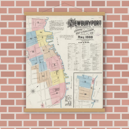 Old map wall art mockup — magnetic wood frame on brick wall — Sanborn Fire Insurance Map from Newburyport, Essex County, Massachusetts (1888), Sheet #0001
