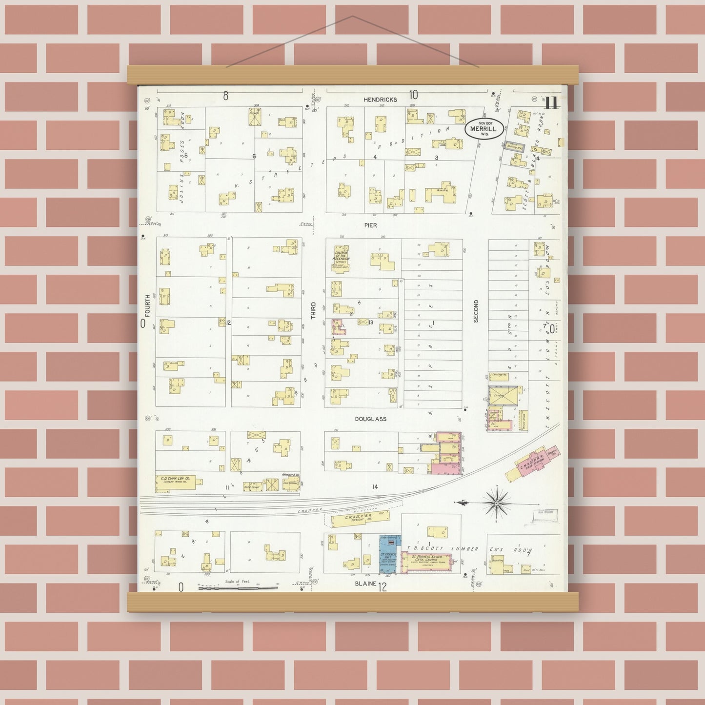 Old map wall art mockup — magnetic wood frame on brick wall — Sanborn Fire Insurance Map from Merrill, Lincoln County, Wisconsin (1907), Sheet #0011