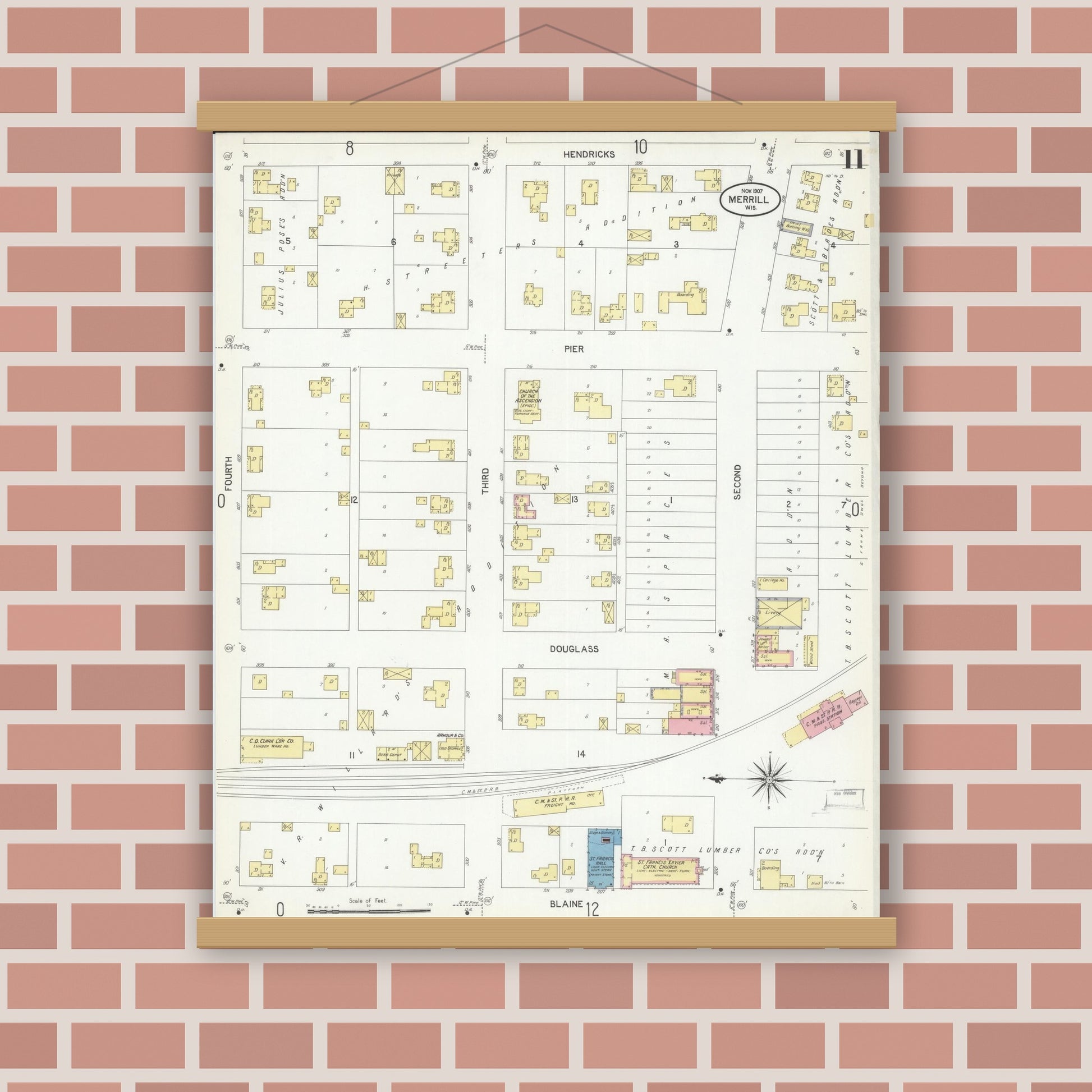Old map wall art mockup — magnetic wood frame on brick wall — Sanborn Fire Insurance Map from Merrill, Lincoln County, Wisconsin (1907), Sheet #0011