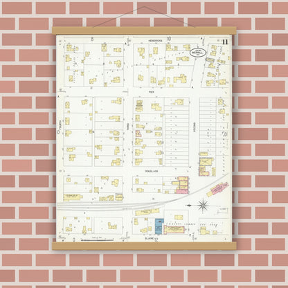 Old map wall art mockup — magnetic wood frame on brick wall — Sanborn Fire Insurance Map from Merrill, Lincoln County, Wisconsin (1907), Sheet #0011