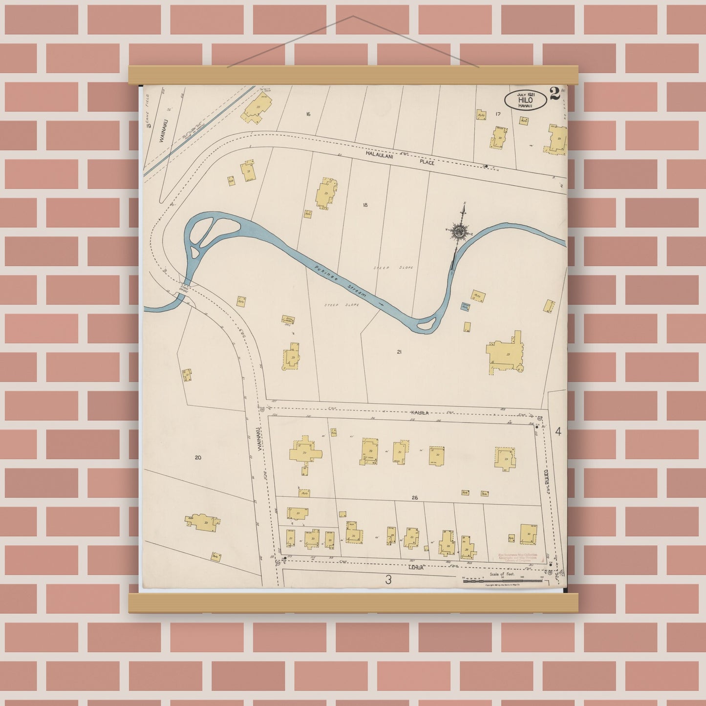 Old map wall art mockup — magnetic wood frame on brick wall — Sanborn Fire Insurance Map from Hilo, Hawaii County, Hawaii (1921), Sheet #0002
