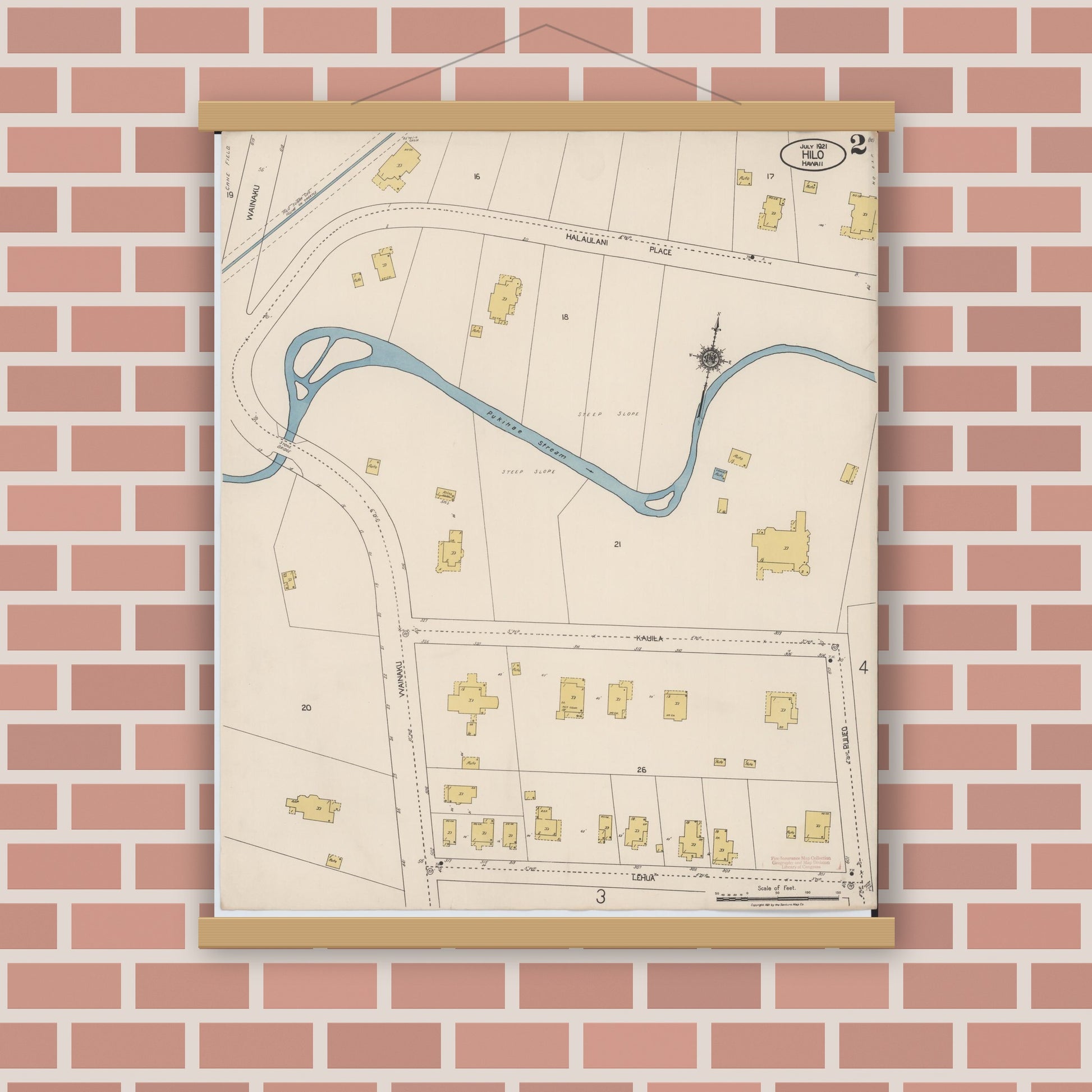 Old map wall art mockup — magnetic wood frame on brick wall — Sanborn Fire Insurance Map from Hilo, Hawaii County, Hawaii (1921), Sheet #0002