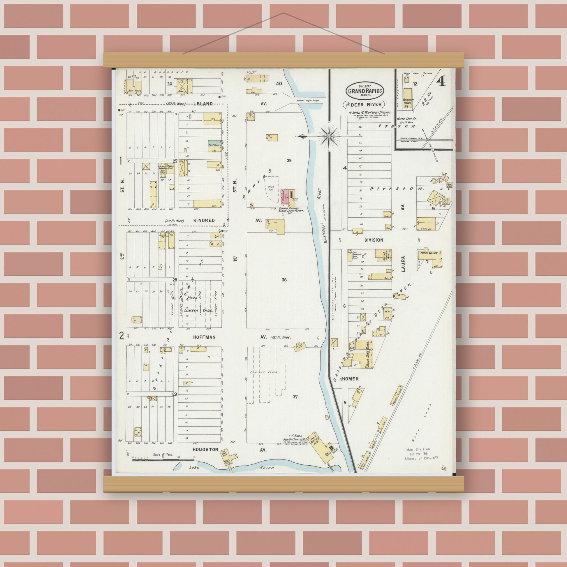 Old map wall art mockup — magnetic wood frame on brick wall — Sanborn Fire Insurance Map from Grand Rapids, Itasca County, Minnesota (1897), Sheet #0004