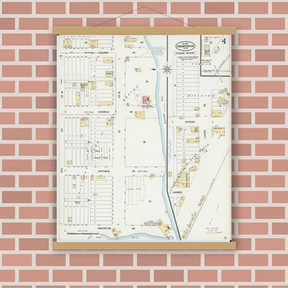 Old map wall art mockup — magnetic wood frame on brick wall — Sanborn Fire Insurance Map from Grand Rapids, Itasca County, Minnesota (1897), Sheet #0004