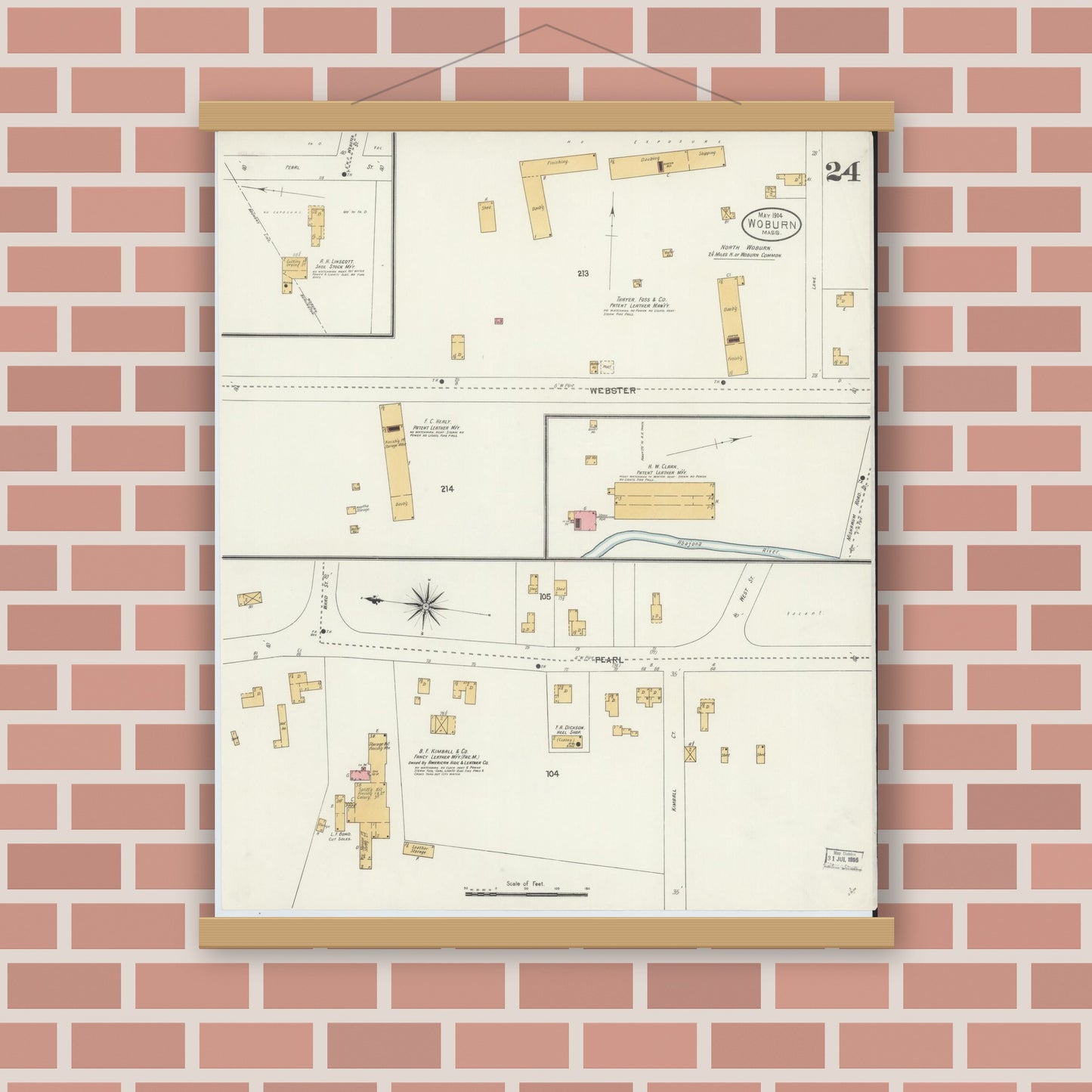 Old map wall art mockup — magnetic wood frame on brick wall — Sanborn Fire Insurance Map from Woburn, Middlesex County, Massachusetts (1904), Sheet #0024