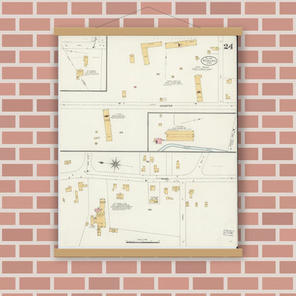 Old map wall art mockup — magnetic wood frame on brick wall — Sanborn Fire Insurance Map from Woburn, Middlesex County, Massachusetts (1904), Sheet #0024