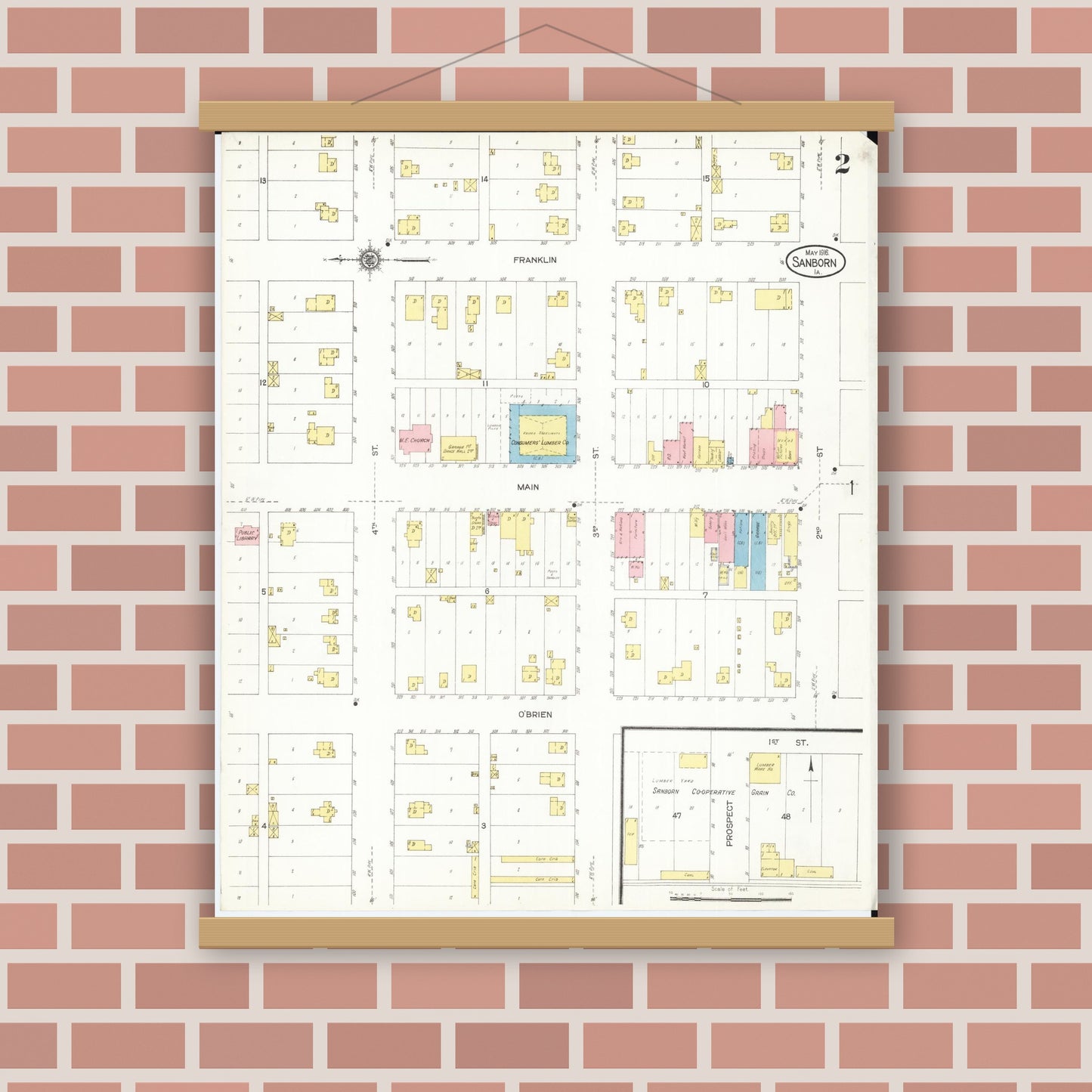 Old map wall art mockup — magnetic wood frame on brick wall — Sanborn Fire Insurance Map from Sanborn, O'Brien County, Iowa (1916), Sheet #0002