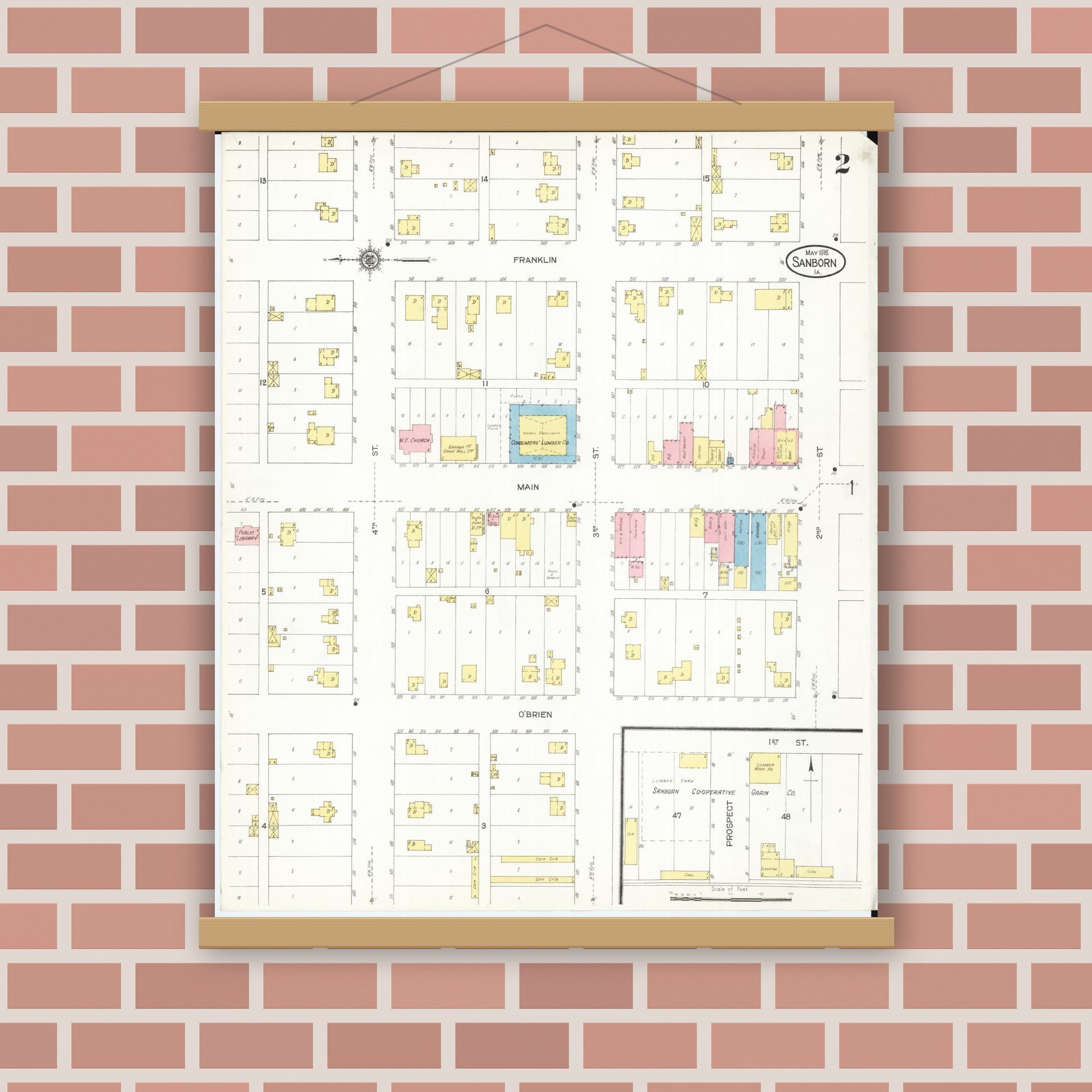 Old map wall art mockup — magnetic wood frame on brick wall — Sanborn Fire Insurance Map from Sanborn, O'Brien County, Iowa (1916), Sheet #0002