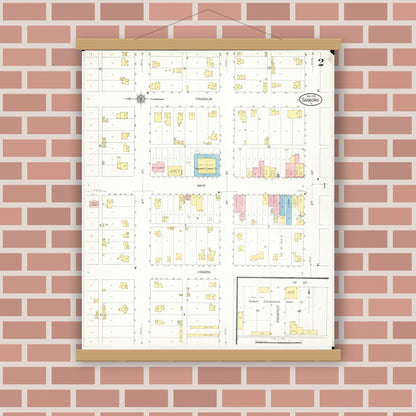 Old map wall art mockup — magnetic wood frame on brick wall — Sanborn Fire Insurance Map from Sanborn, O'Brien County, Iowa (1916), Sheet #0002