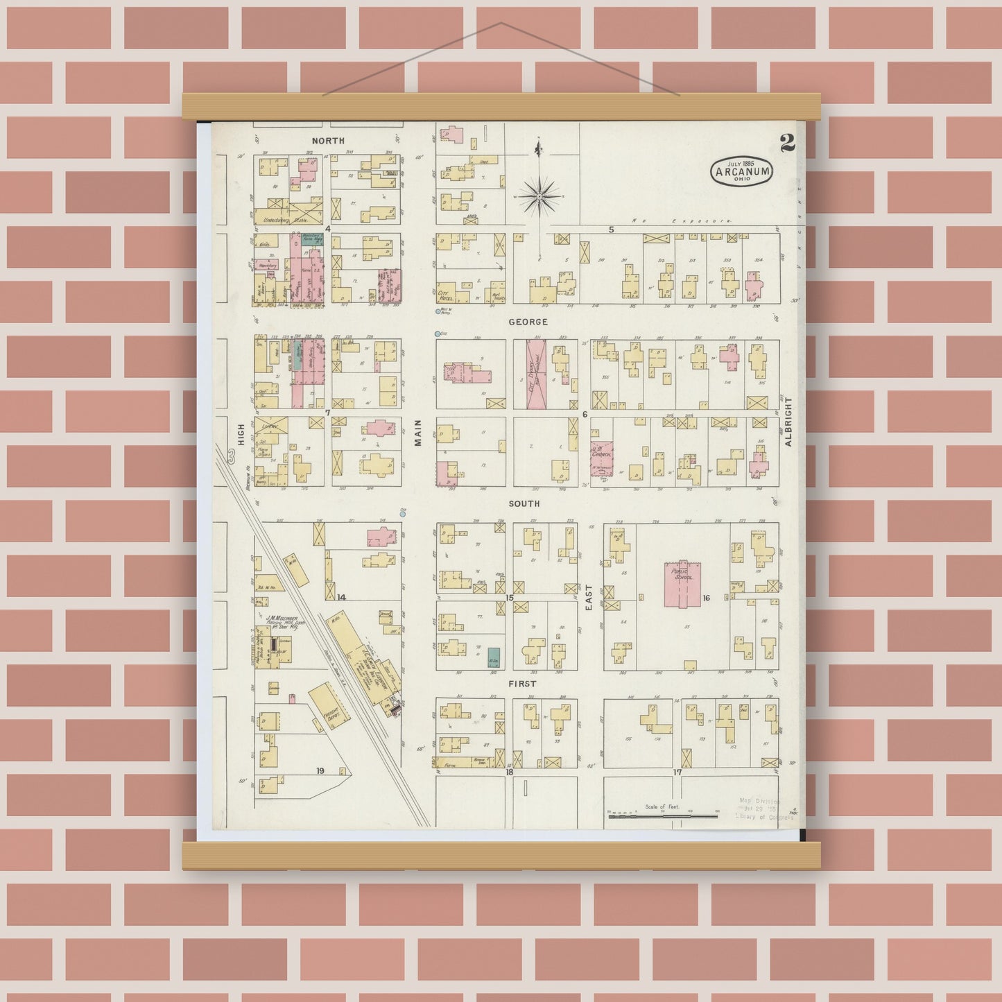 Old map wall art mockup — magnetic wood frame on brick wall — Sanborn Fire Insurance Map from Arcanum, Darke County, Ohio (1895), Sheet #0002