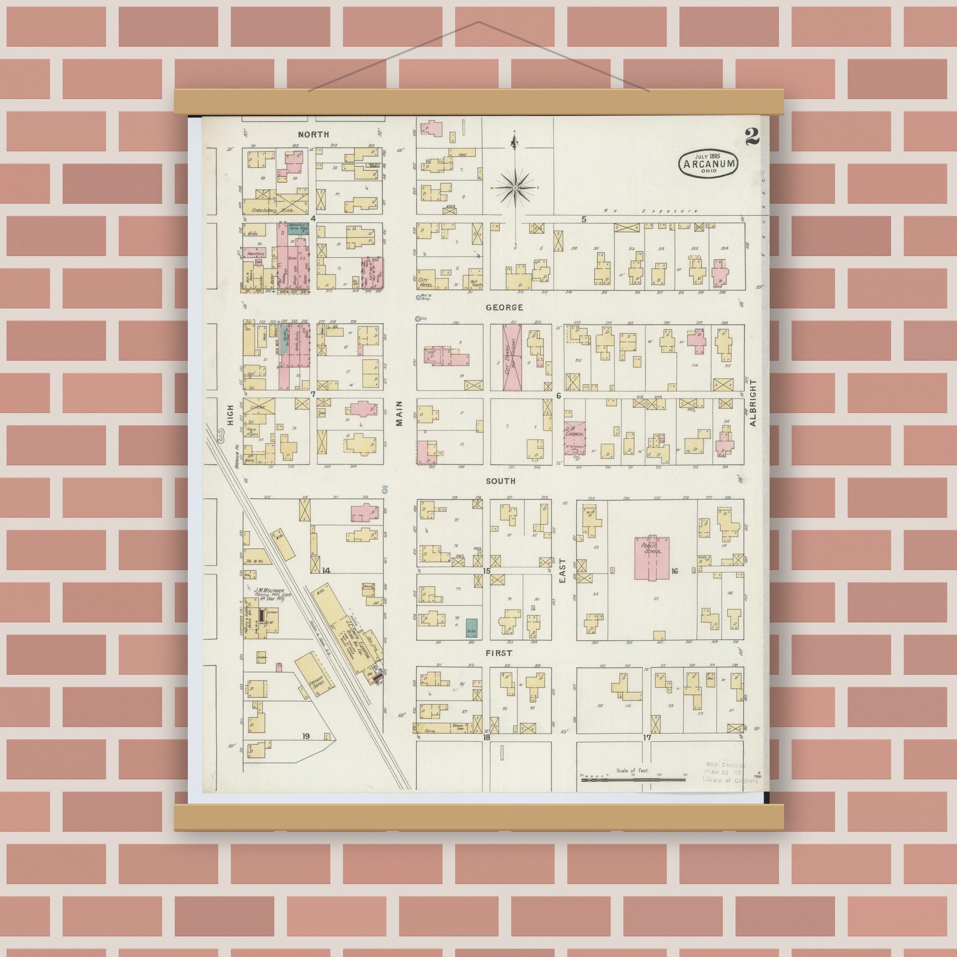 Old map wall art mockup — magnetic wood frame on brick wall — Sanborn Fire Insurance Map from Arcanum, Darke County, Ohio (1895), Sheet #0002