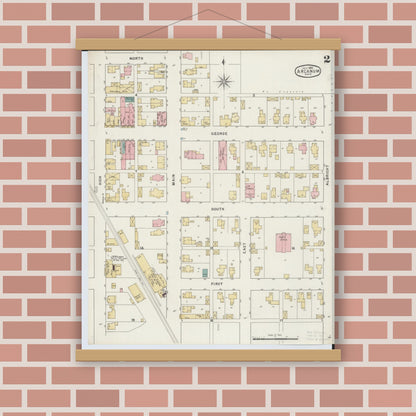 Old map wall art mockup — magnetic wood frame on brick wall — Sanborn Fire Insurance Map from Arcanum, Darke County, Ohio (1895), Sheet #0002