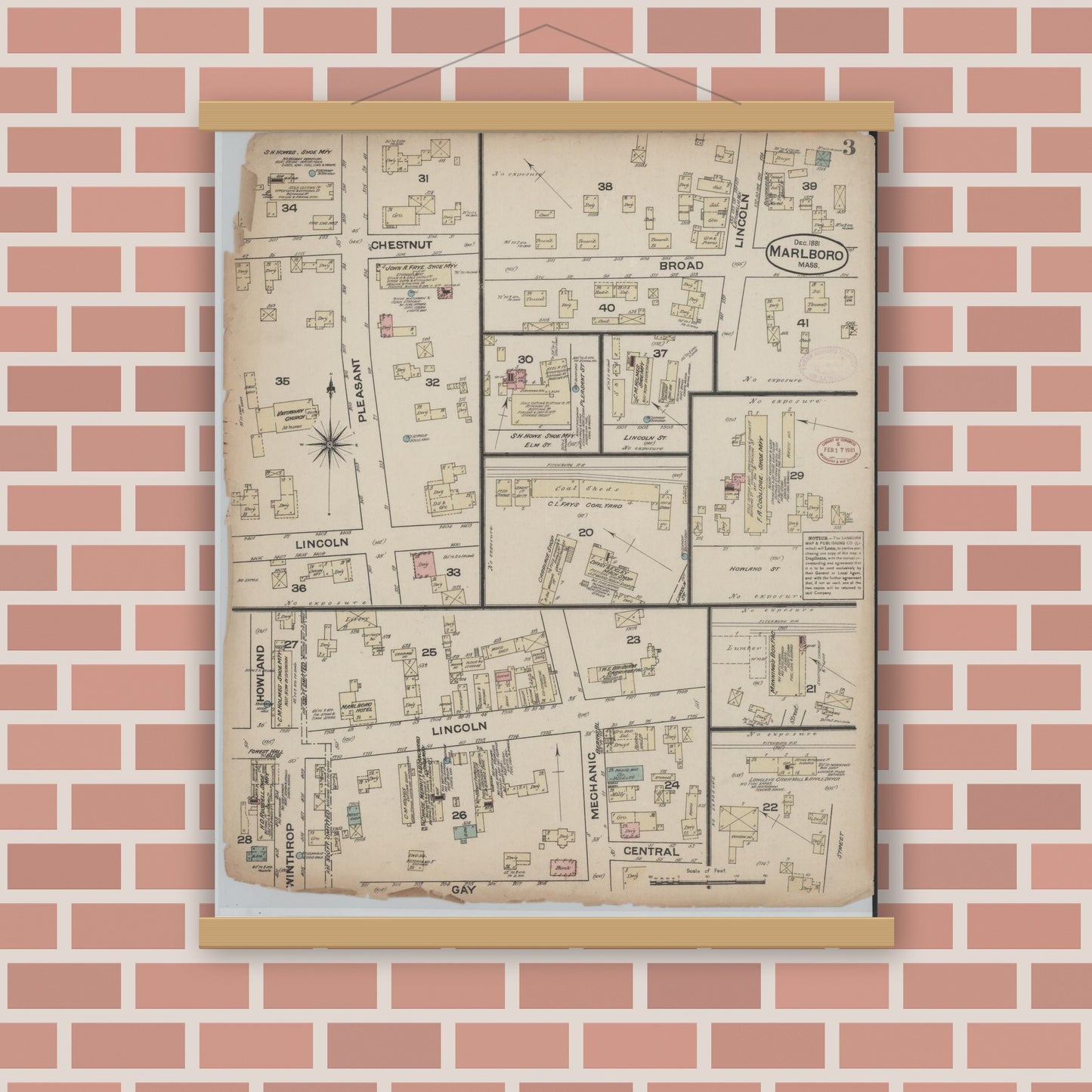 Old map wall art mockup — magnetic wood frame on brick wall — Sanborn Fire Insurance Map from Marlborough, Middlesex  County, Massachusetts (1881), Sheet #0003