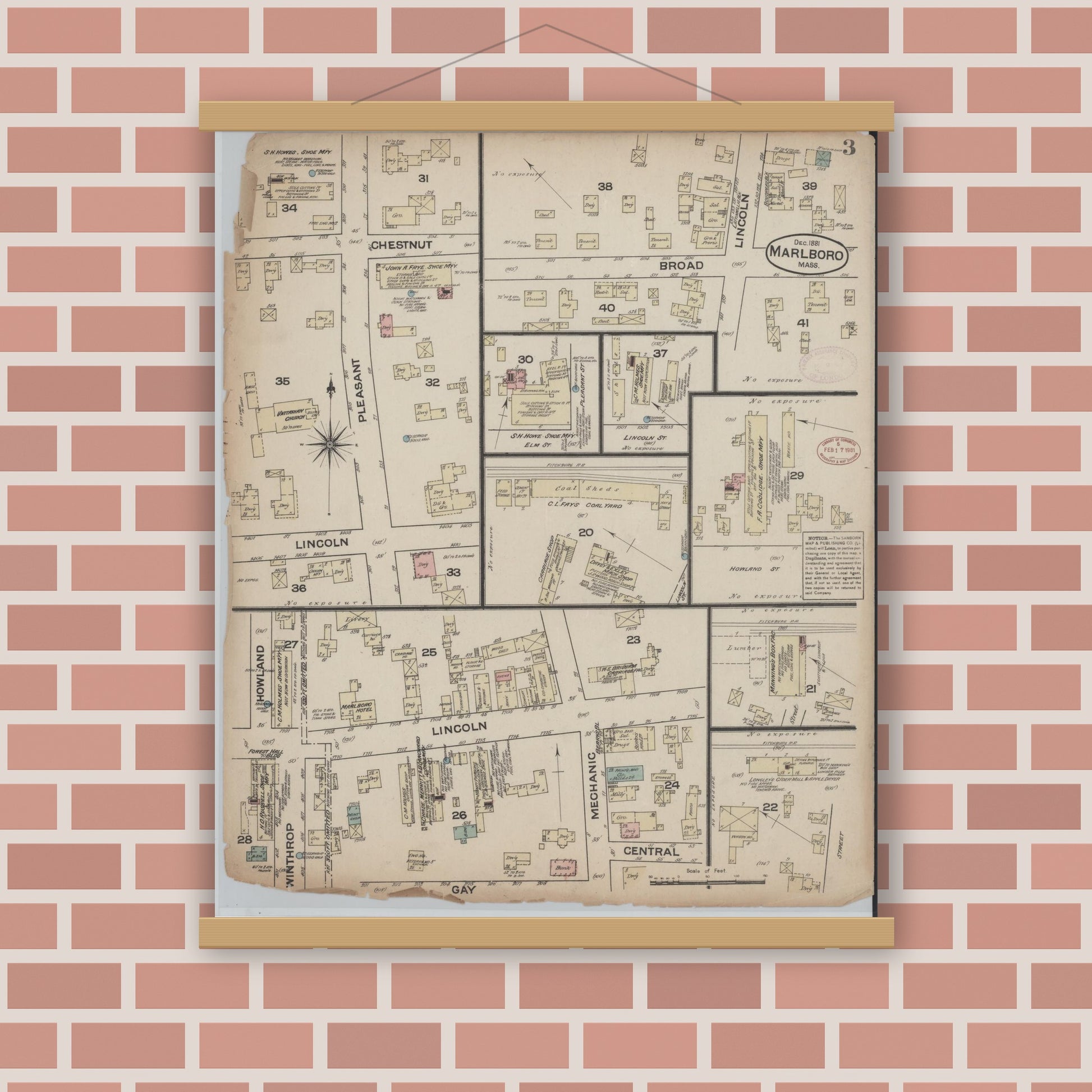 Old map wall art mockup — magnetic wood frame on brick wall — Sanborn Fire Insurance Map from Marlborough, Middlesex  County, Massachusetts (1881), Sheet #0003
