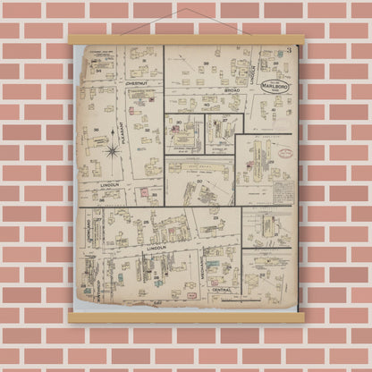 Old map wall art mockup — magnetic wood frame on brick wall — Sanborn Fire Insurance Map from Marlborough, Middlesex  County, Massachusetts (1881), Sheet #0003