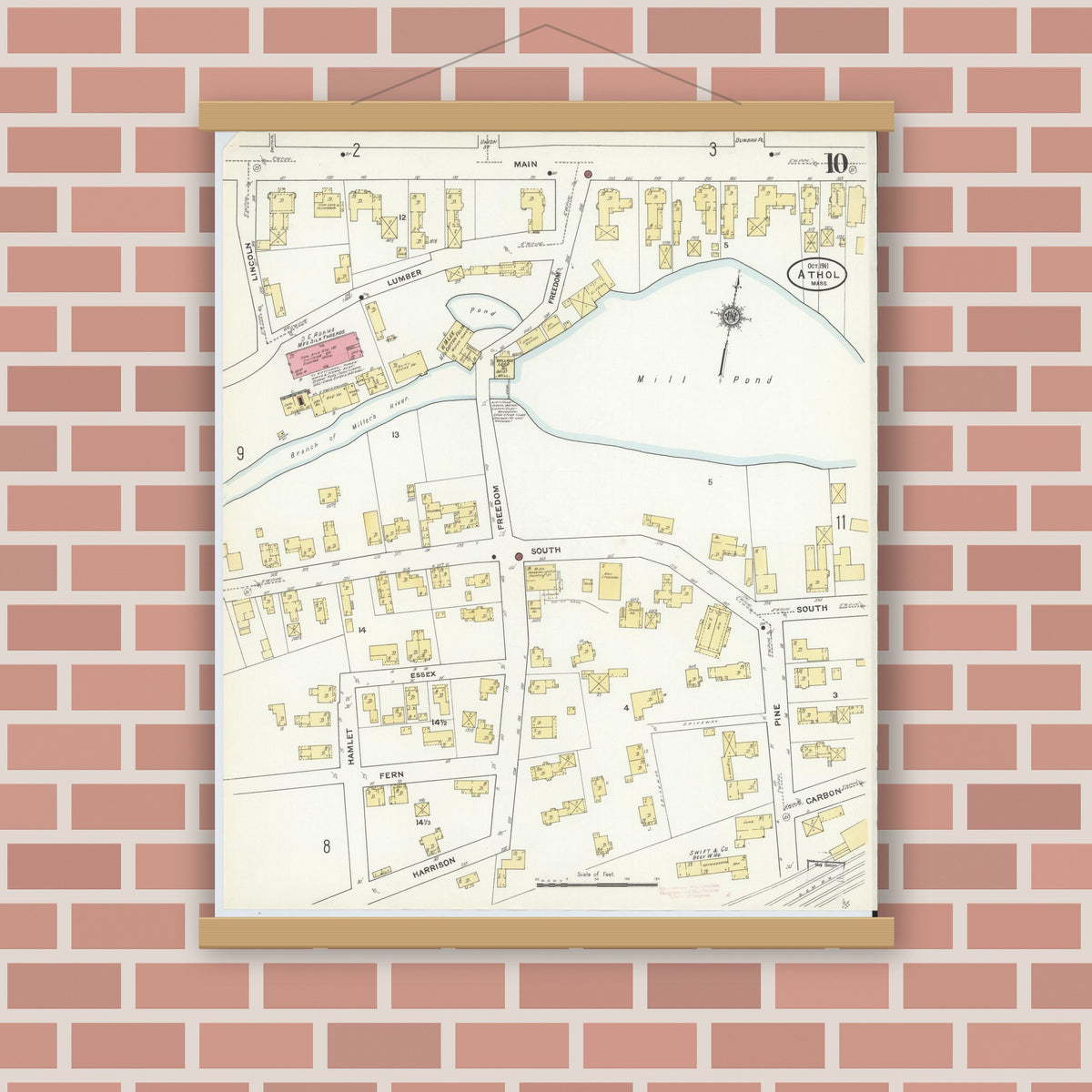 Old map wall art mockup — magnetic wood frame on brick wall — Sanborn Fire Insurance Map from Athol, Worcester County, Massachusetts (1911), Sheet #0010