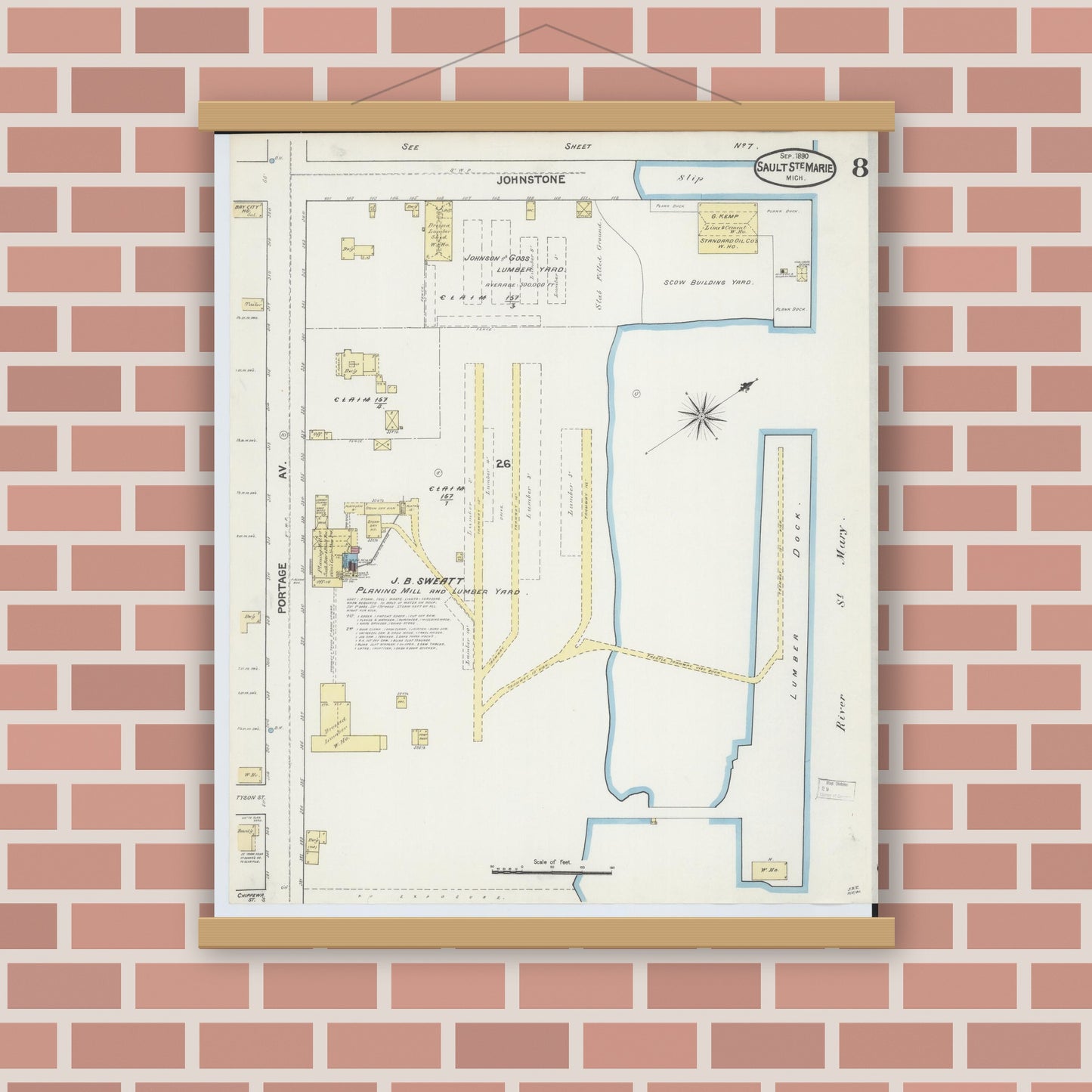 Old map wall art mockup — magnetic wood frame on brick wall — Sanborn Fire Insurance Map from Sault Sainte Marie, Chippewa County, Michigan (1890), Sheet #0008