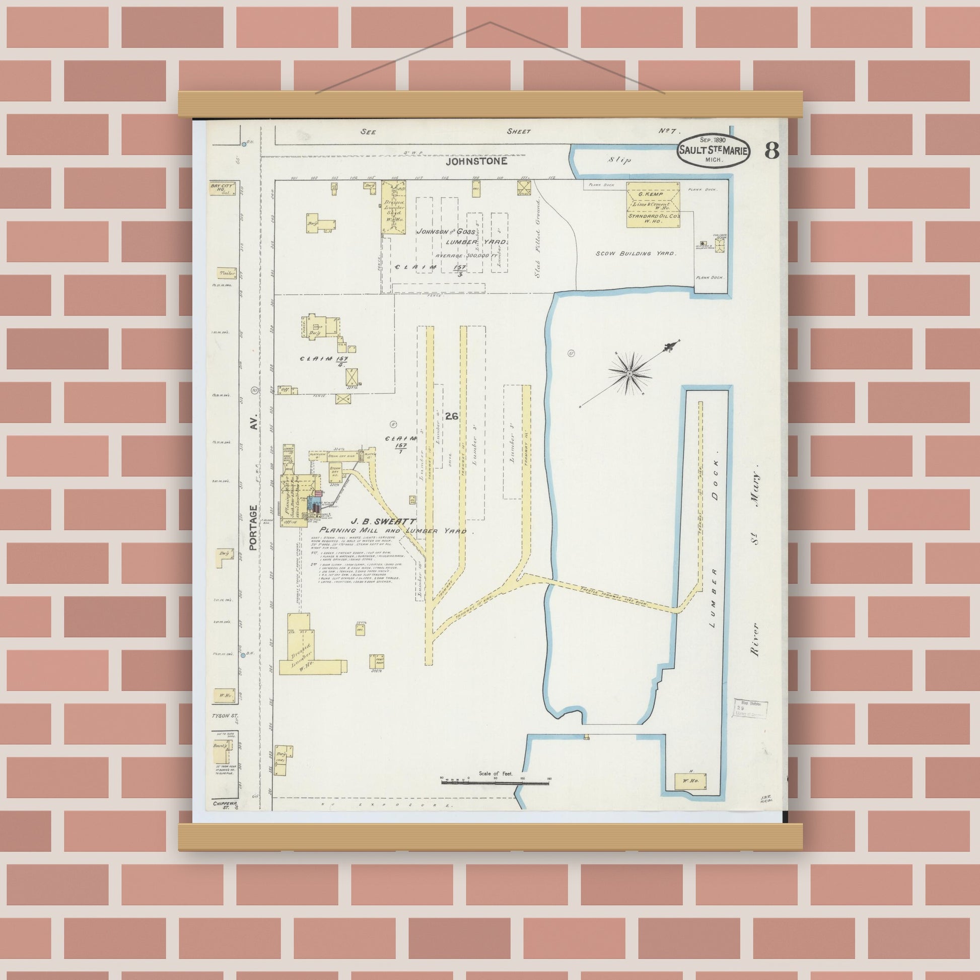 Old map wall art mockup — magnetic wood frame on brick wall — Sanborn Fire Insurance Map from Sault Sainte Marie, Chippewa County, Michigan (1890), Sheet #0008