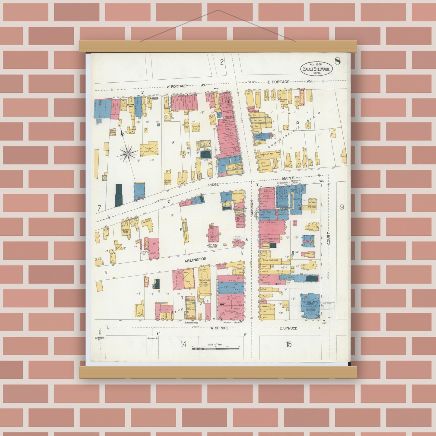 Old map wall art mockup — magnetic wood frame on brick wall — Sanborn Fire Insurance Map from Sault Sainte Marie, Chippewa County, Michigan (1906), Sheet #0008