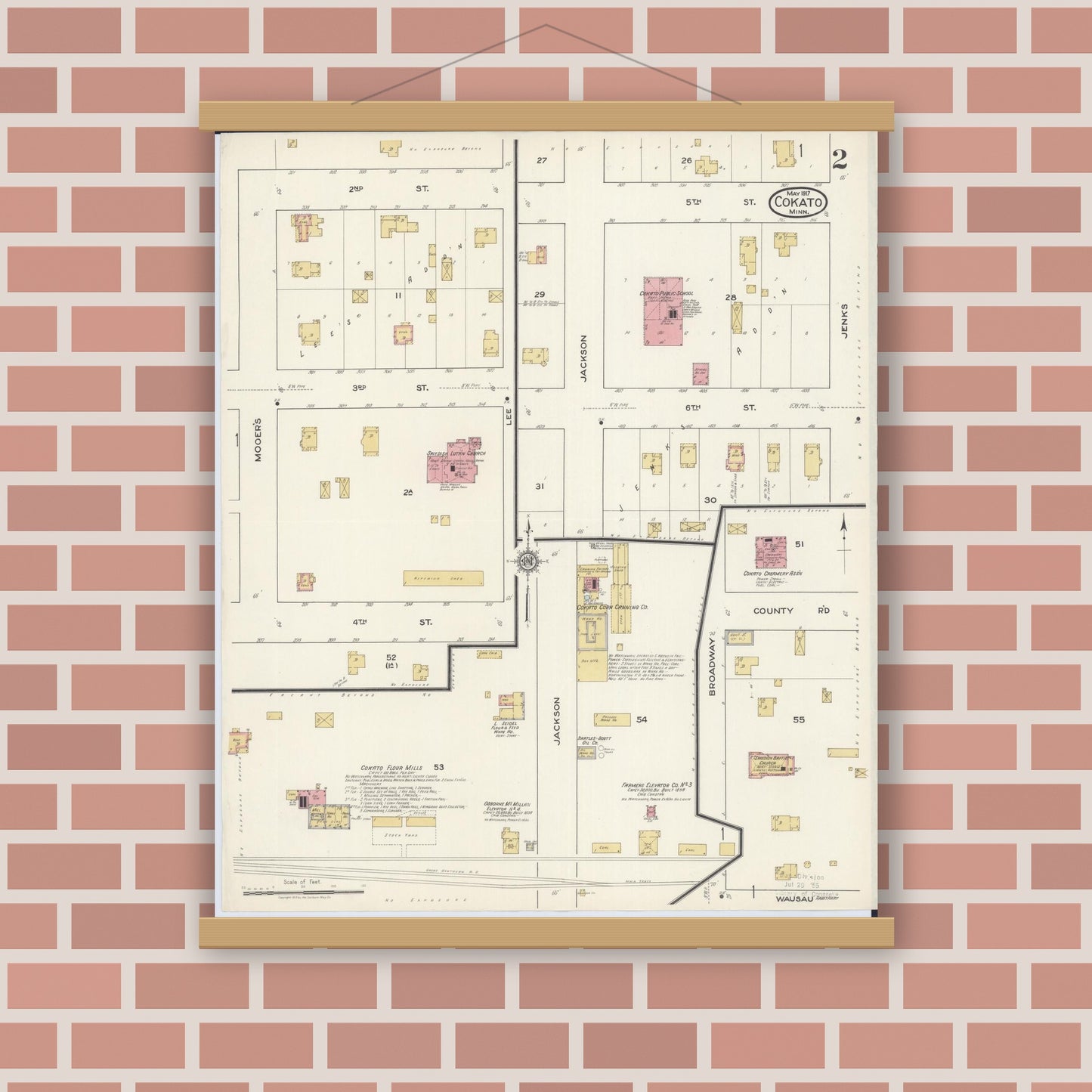 Old map wall art mockup — magnetic wood frame on brick wall — Sanborn Fire Insurance Map from Cokato, Wright County, Minnesota (1917), Sheet #0002