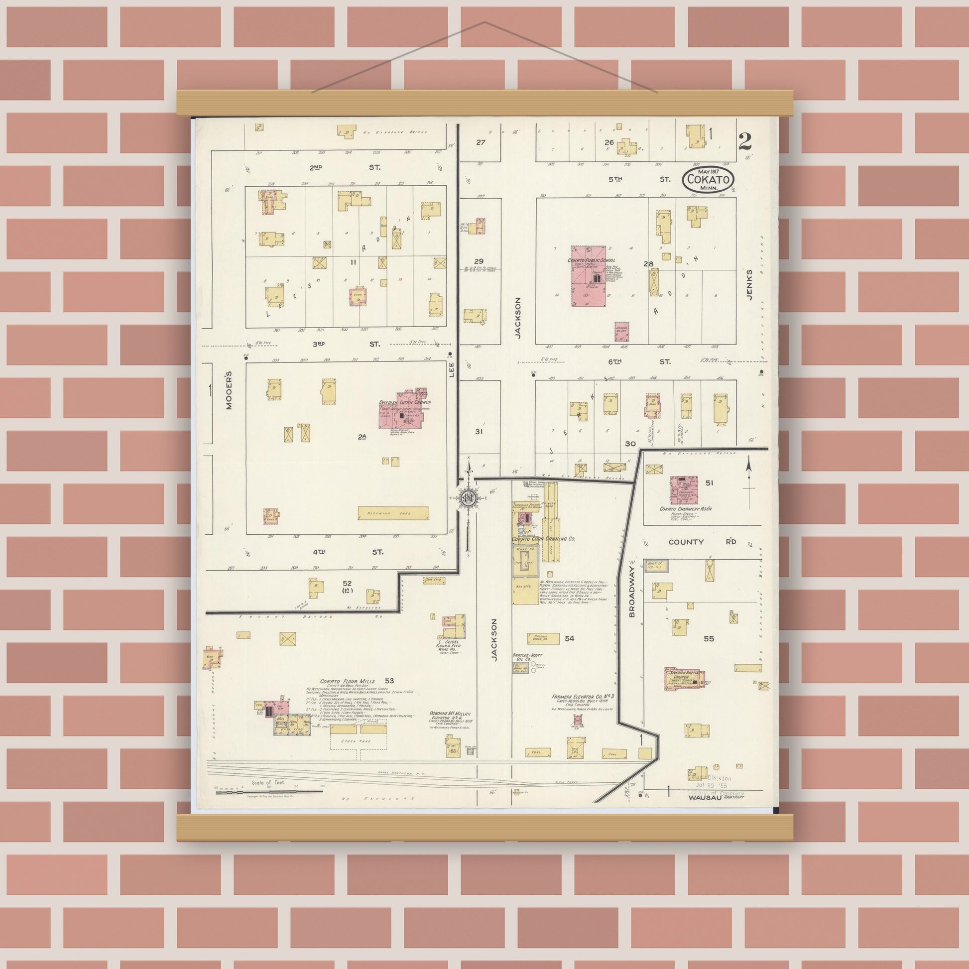 Old map wall art mockup — magnetic wood frame on brick wall — Sanborn Fire Insurance Map from Cokato, Wright County, Minnesota (1917), Sheet #0002