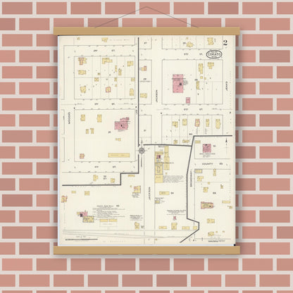 Old map wall art mockup — magnetic wood frame on brick wall — Sanborn Fire Insurance Map from Cokato, Wright County, Minnesota (1917), Sheet #0002