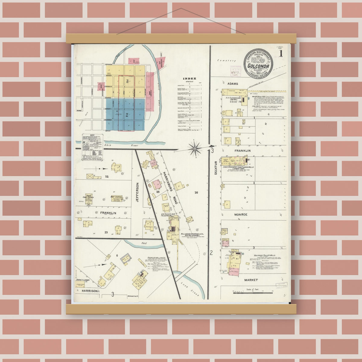Old map wall art mockup — magnetic wood frame on brick wall — Sanborn Fire Insurance Map from Golconda, Pope County, Illinois (1907), Sheet #0001
