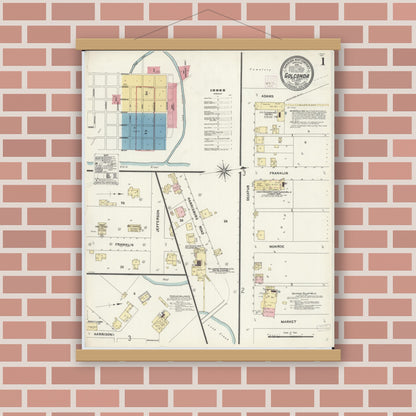 Old map wall art mockup — magnetic wood frame on brick wall — Sanborn Fire Insurance Map from Golconda, Pope County, Illinois (1907), Sheet #0001