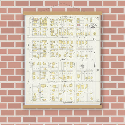 Old map wall art mockup — magnetic wood frame on brick wall — Sanborn Fire Insurance Map from Alliance, Stark County, Ohio (1898), Sheet #0009