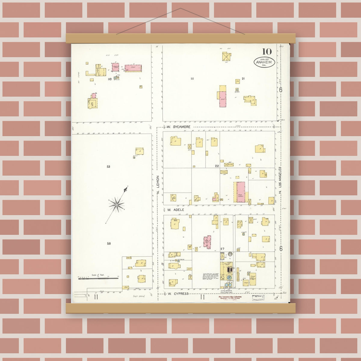 Old map wall art mockup — magnetic wood frame on brick wall — Sanborn Fire Insurance Map from Anaheim, Orange County, California (1907), Sheet #0010