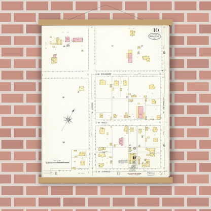 Old map wall art mockup — magnetic wood frame on brick wall — Sanborn Fire Insurance Map from Anaheim, Orange County, California (1907), Sheet #0010