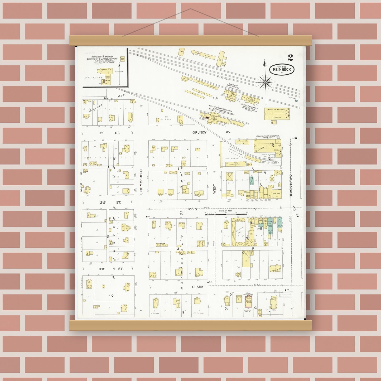 Old map wall art mockup — magnetic wood frame on brick wall — Sanborn Fire Insurance Map from Reinbeck, Grundy County, Iowa (1900), Sheet #0002