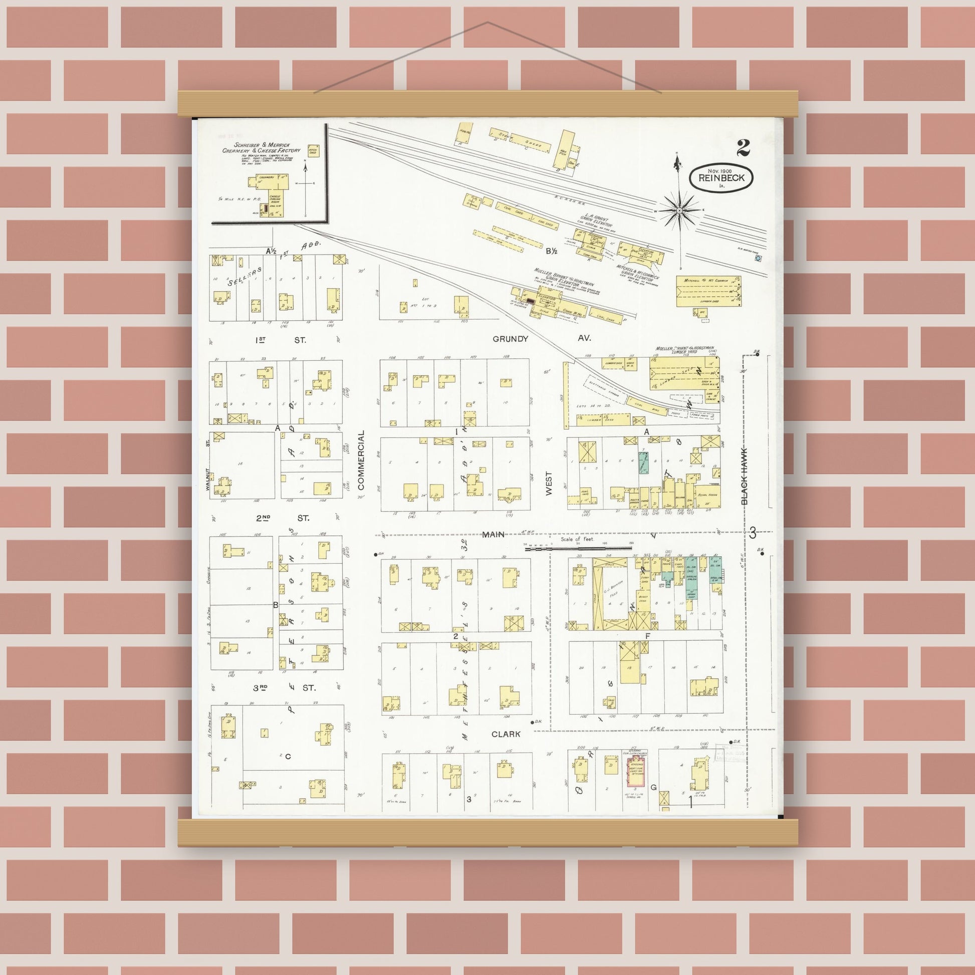 Old map wall art mockup — magnetic wood frame on brick wall — Sanborn Fire Insurance Map from Reinbeck, Grundy County, Iowa (1900), Sheet #0002