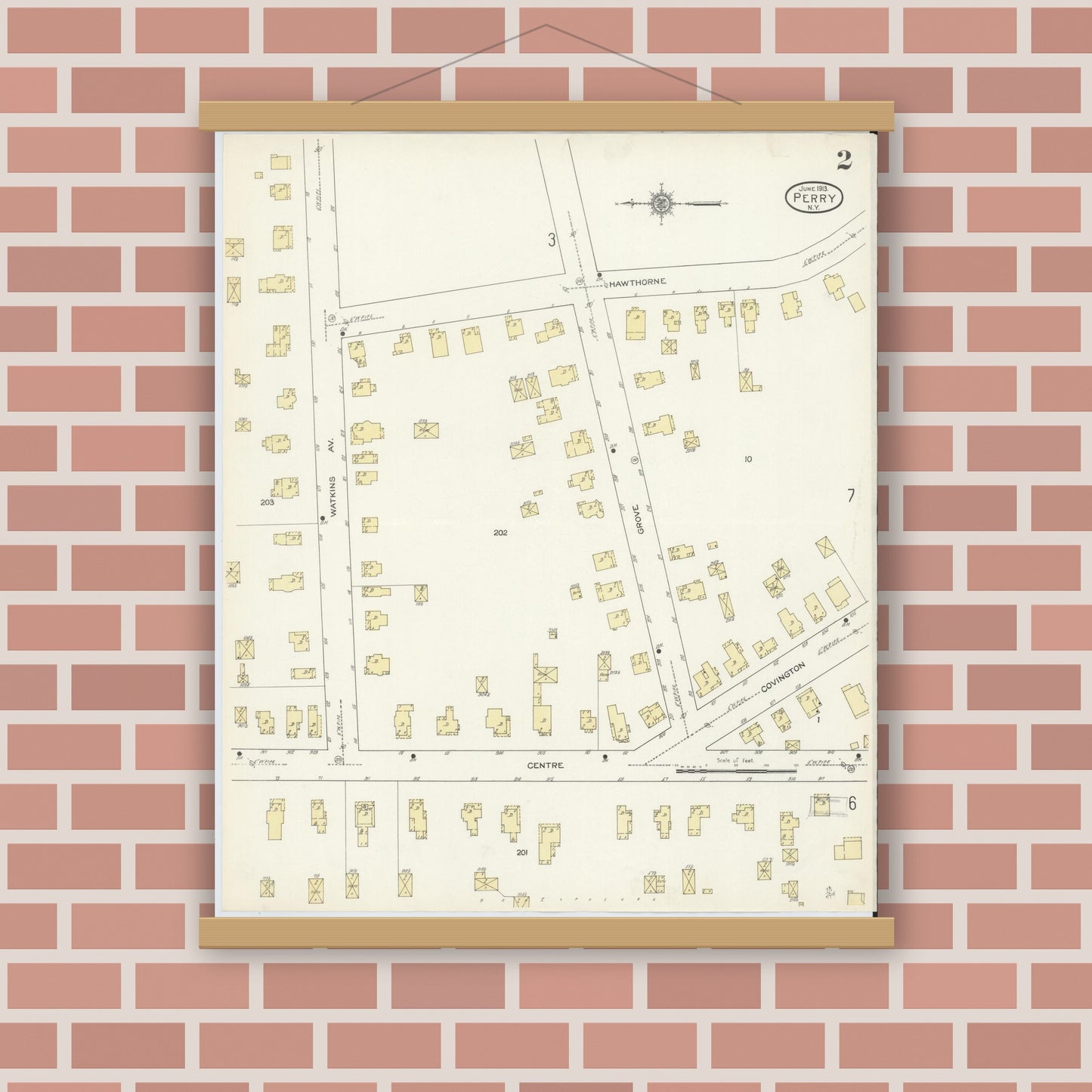 Old map wall art mockup — magnetic wood frame on brick wall — Sanborn Fire Insurance Map from Perry, Wyoming County, New York (1913) - Complete Map Set