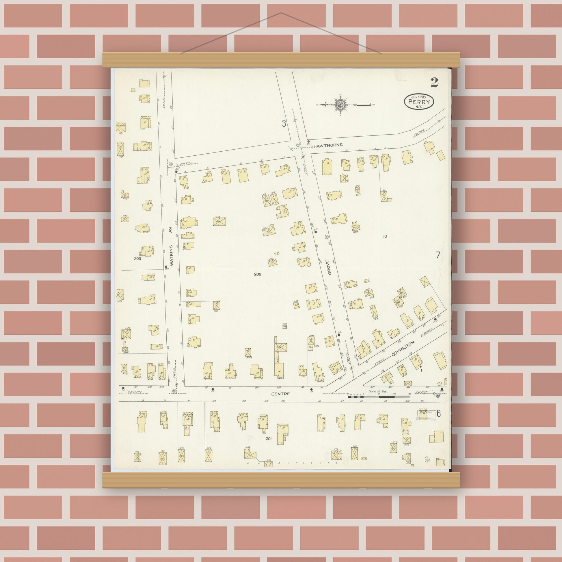 Old map wall art mockup — magnetic wood frame on brick wall — Sanborn Fire Insurance Map from Perry, Wyoming County, New York (1913) - Complete Map Set