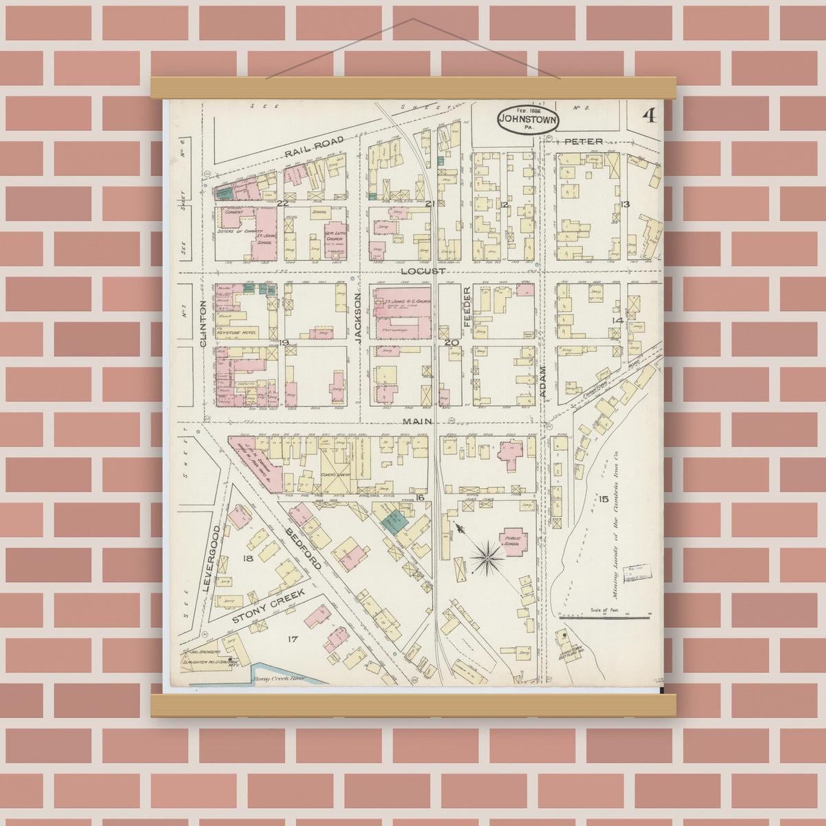 Old map wall art mockup — magnetic wood frame on brick wall — Sanborn Fire Insurance Map from Johnstown, Cambria County, Pennsylvania (1886), Sheet #0004
