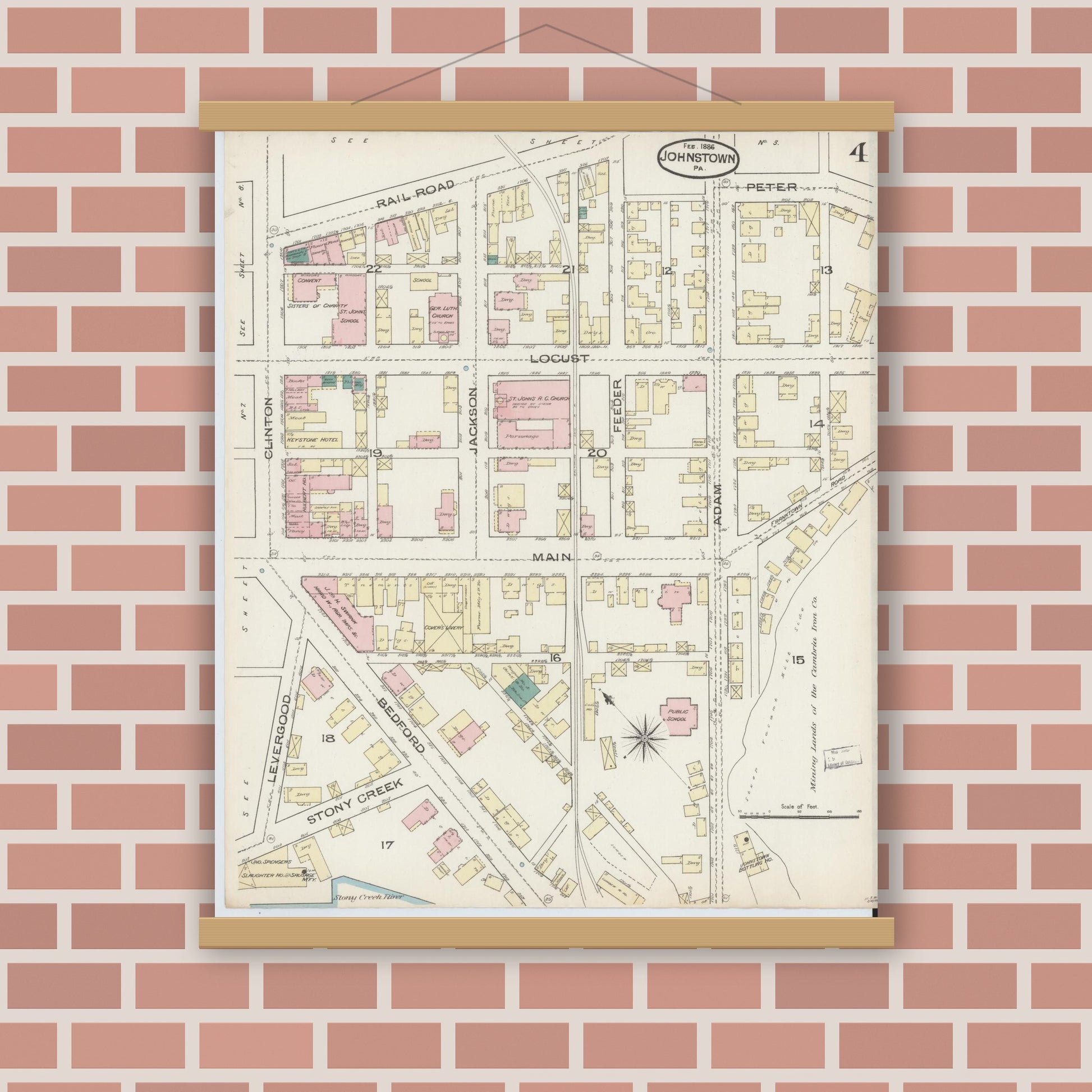 Old map wall art mockup — magnetic wood frame on brick wall — Sanborn Fire Insurance Map from Johnstown, Cambria County, Pennsylvania (1886), Sheet #0004