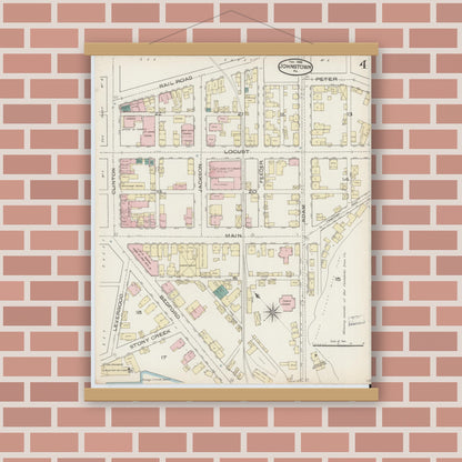 Old map wall art mockup — magnetic wood frame on brick wall — Sanborn Fire Insurance Map from Johnstown, Cambria County, Pennsylvania (1886), Sheet #0004
