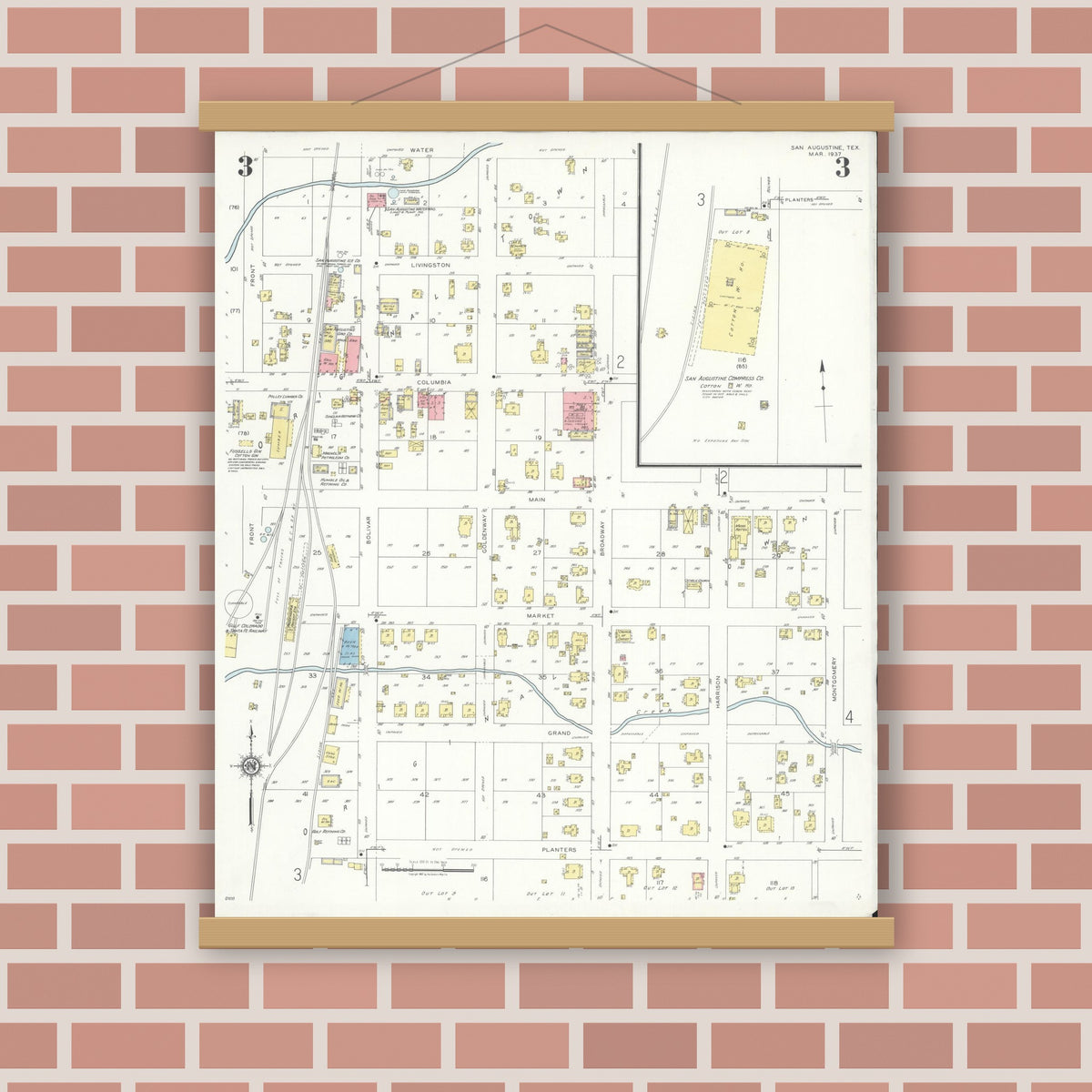Old map wall art mockup — magnetic wood frame on brick wall — Sanborn Fire Insurance Map from San Augustine, San Augustine County, Texas (1937), Sheet #0003