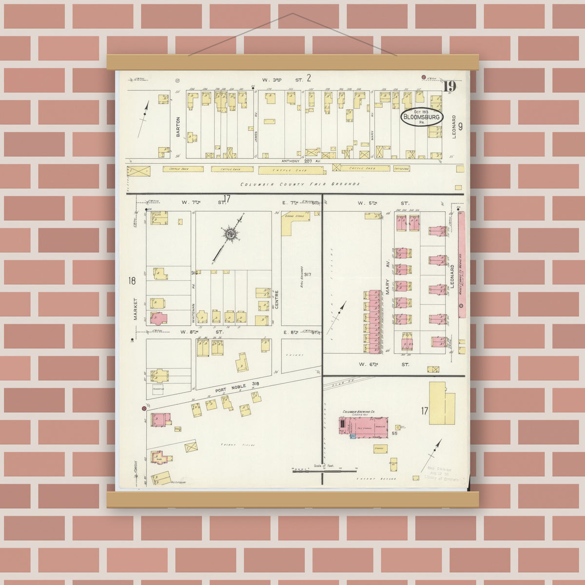 Old map wall art mockup — magnetic wood frame on brick wall — Sanborn Fire Insurance Map from Bloomsburg, Columbia County, Pennsylvania (1913), Sheet #0019