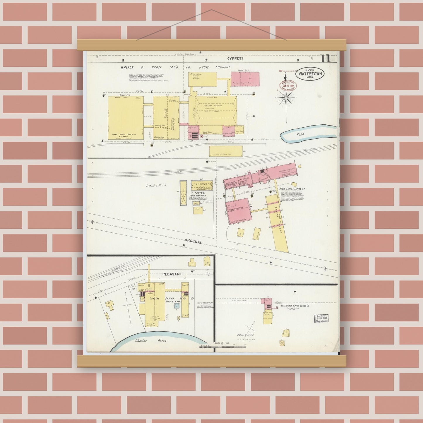 Old map wall art mockup — magnetic wood frame on brick wall — Sanborn Fire Insurance Map from Watertown, Middlesex County, Massachusetts (1899), Sheet #0011